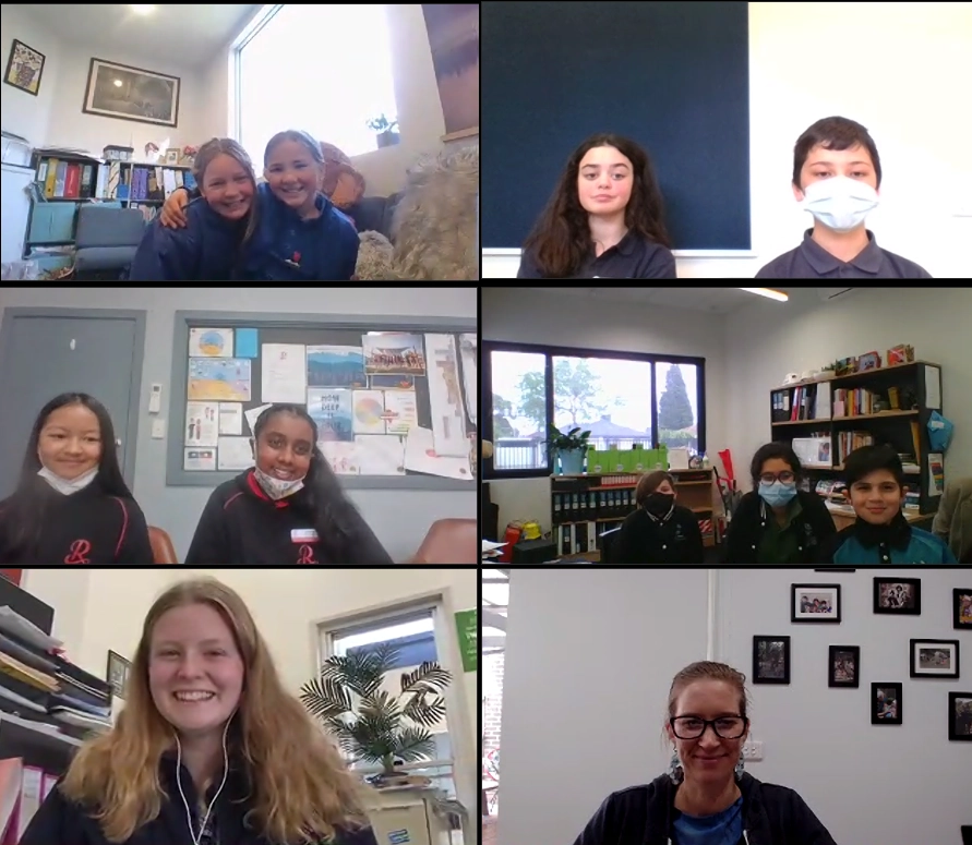 A screen shot image of a zoom meeting of 9 primary aged students, an older student, and vic src staff member all smiling to camera.