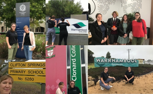 A collage of photos. Top Left is of to women smiling in front of a school building with the school logo reading ‘sacred heart college’. The middle top image is of two women with their backs faced to camera with their thumbs pointing to the logo on the back of their sign and are posing in front of warnambool college sign. The top right is of four individuals, two women on the ends and two school students in between smiling toward camera. The bottom left is a woman smiling in a selfie, with a sign reading ‘clifton springs primary school no. 5280’. The bottom middle is a photo of two women smiling to camera in front of Clonard College sign. The bottom right is of two women kneeling on a beach in front of a blue and white sign saying warnambool.
